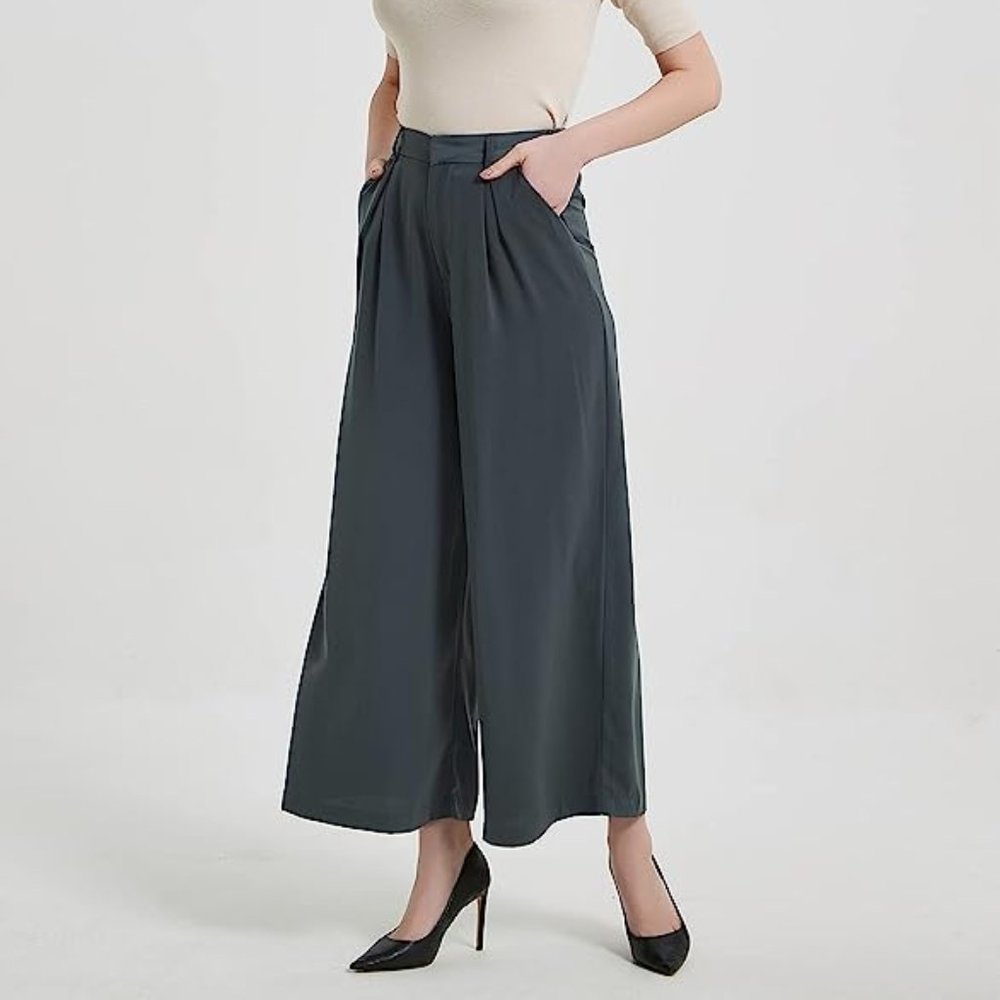 Tronjori Women High Waist Casual Wide Leg Long Palazzo Pants Trousers Regular